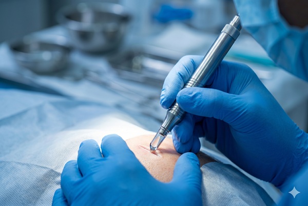 Un medico spagnolo certificato che spiega un piano di trattamento di ripristino tricologico a un paziente durante un consulto