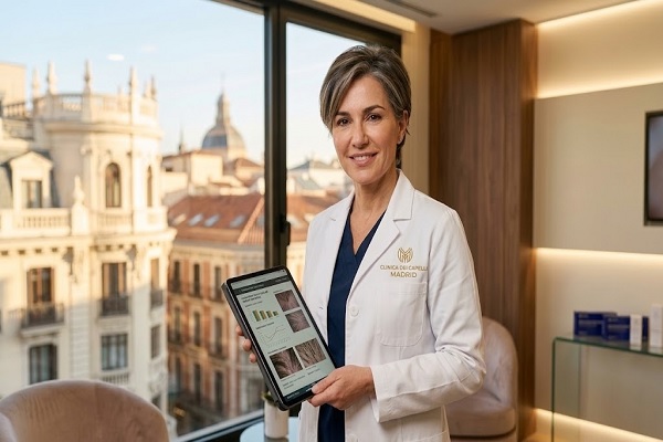 Specialista e chirurgo trapianto capelli che mostra i risultati e l'analisi della densità tricologica su tablet