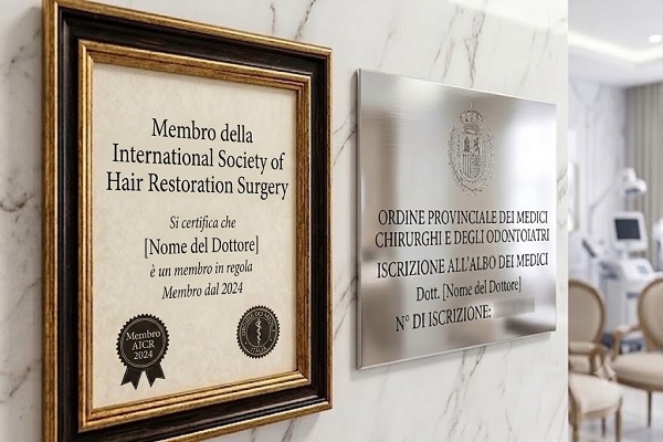 Certificazione medica e targa di iscrizione all'ordine dei medici di un chirurgo trapianto capelli qualificato
