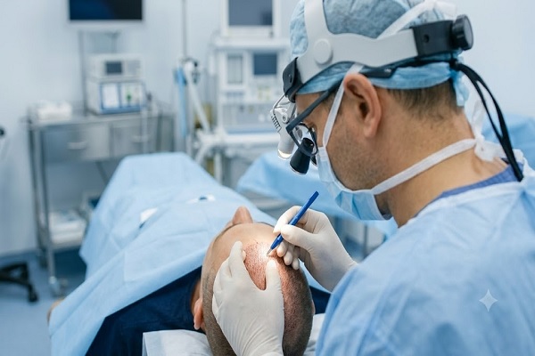 Chirurgo trapianto capelli esegue la fase di impianto follicolare con precisione in sala operatoria