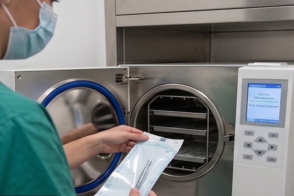 Processo di sterilizzazione dell'attrezzatura in una clinica trapianto capelli conforme alle norme sanitarie