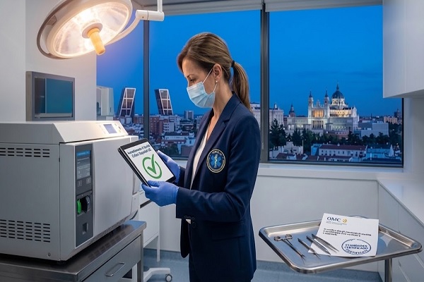 Specialistica medica che verifica i protocolli per la sicurezza trapianto capelli spagna in una clinica certificata