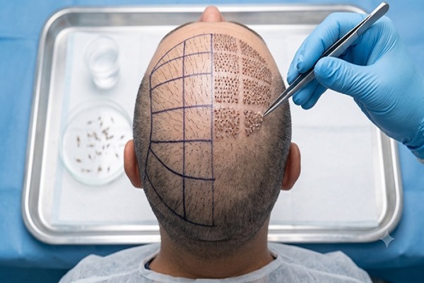 Mappatura della zona ricevente e inserimento di unita follicolari durante un trapianto capelli complesso