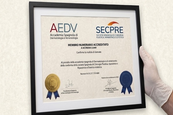 Certificazione medica ufficiale AEDV e SECPRE per interventi di innesto di capelli spagna