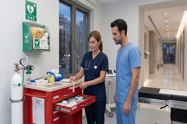 Personale sanitario che controlla il carrello di emergenza con attrezzature salvavita cliniche capelli