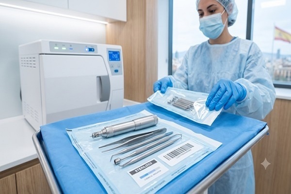 Preparazione dello strumentario chirurgico imballato per i protocolli di sterilizzazione per FUE in clinica