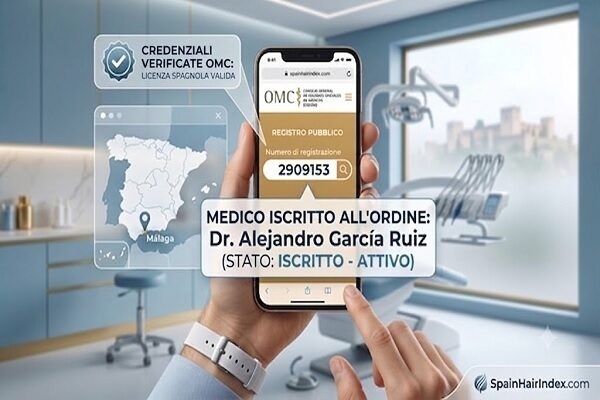 Verifica della licenza medica per trapianto di capelli tramite il registro pubblico OMC in Spagna
