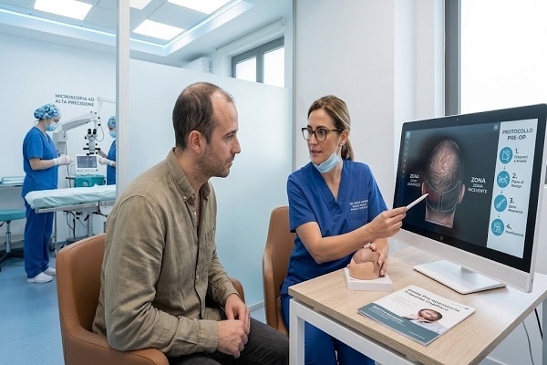 Pianificazione della zona donatrice per l'estrazione capelli Spagna durante la consulenza medica pre-operatoria