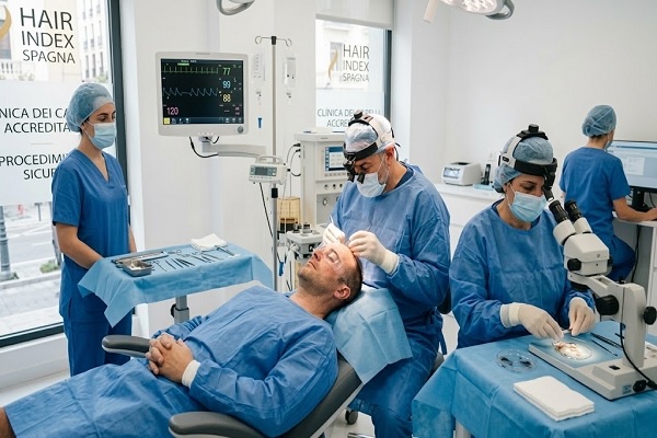 Equipe medica certificata che esegue una procedura sicura, ben diversa da un trapianto capelli economico Spagna