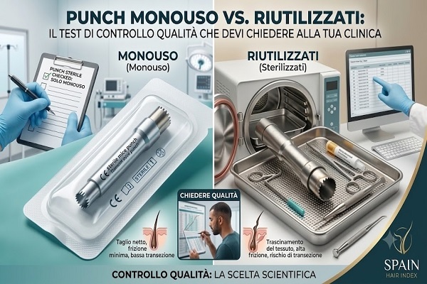 Confronto tra punzoni monouso trapianto capelli monouso e riutilizzati per il controllo qualità in clinica