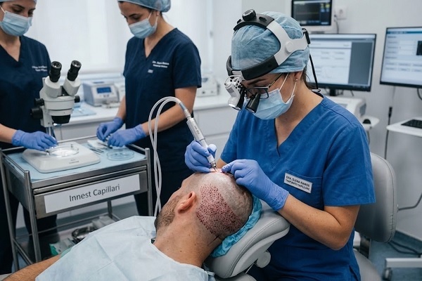 Chirurga specializzata esegue l'estrazione capelli Spagna con manipolo motorizzato FUE in sala operatoria