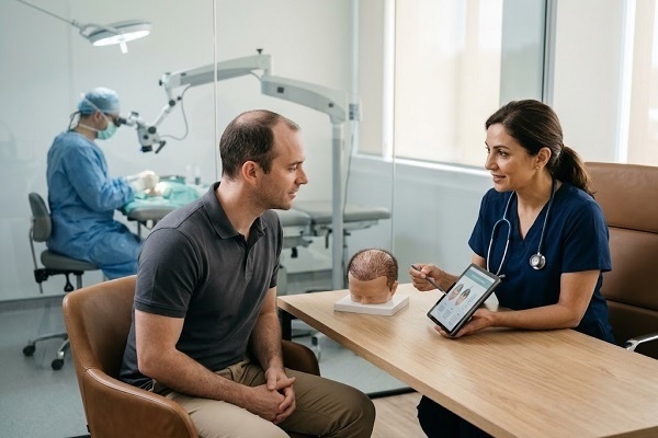 Valutazione medica e spiegazione dei risultati dell'estrazione capelli Spagna con tablet e modello anatomico
